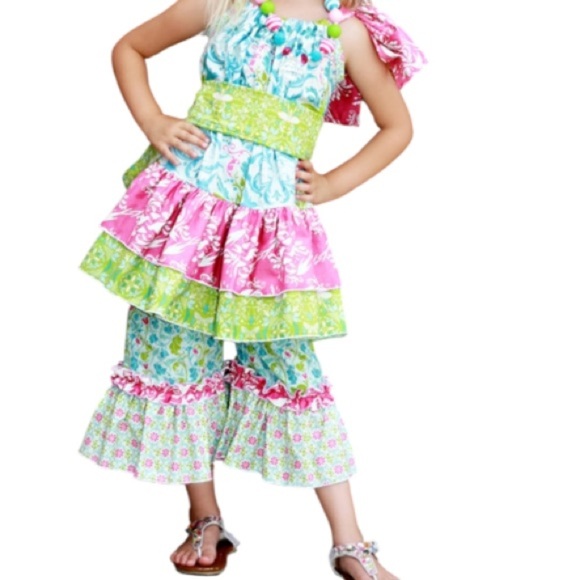 Lolly Wolly Doodle Floral Dress tie neck with Matching Ruffle Pants Sz 6 Girls - Picture 4 of 8